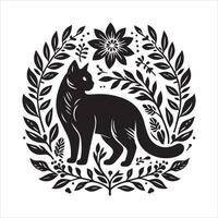 Print A collage of a cat a plant in an illustrated frame risograph silhouette white background vector