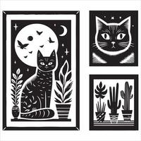 Print A collage of a cat a plant in an illustrated frame risograph silhouette white background vector