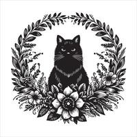 Print A collage of a cat a plant in an illustrated frame risograph silhouette white background vector