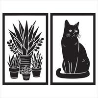 Print A collage of a cat a plant in an illustrated frame risograph silhouette white background vector