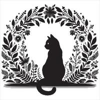 Print A collage of a cat a plant in an illustrated frame risograph silhouette white background vector
