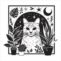 Print A collage of a cat a plant in an illustrated frame risograph silhouette white background vector