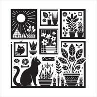 Print A collage of a cat a plant in an illustrated frame risograph silhouette white background vector