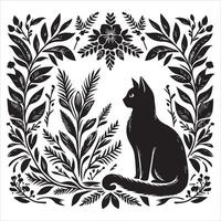Print A collage of a cat a plant in an illustrated frame risograph silhouette white background vector