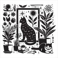 Print A collage of a cat a plant in an illustrated frame risograph silhouette white background vector