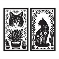 Print A collage of a cat a plant in an illustrated frame risograph silhouette white background vector