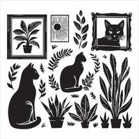 Print A collage of a cat a plant in an illustrated frame risograph silhouette white background vector