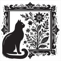 Print A collage of a cat a plant in an illustrated frame risograph silhouette white background vector