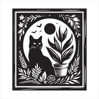 Print A collage of a cat a plant in an illustrated frame risograph silhouette white background vector