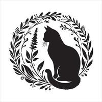 Print A collage of a cat a plant in an illustrated frame risograph silhouette white background vector