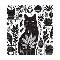 Print A collage of a cat a plant in an illustrated frame risograph silhouette white background vector