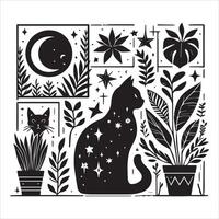 Print A collage of a cat a plant in an illustrated frame risograph silhouette white background vector