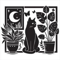 Print A collage of a cat a plant in an illustrated frame risograph silhouette white background vector