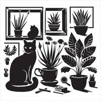 Print A collage of a cat a plant in an illustrated frame risograph silhouette white background vector