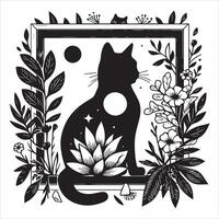 Print A collage of a cat a plant in an illustrated frame risograph silhouette white background vector