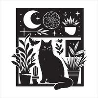 Print A collage of a cat a plant in an illustrated frame risograph silhouette white background vector