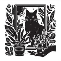 Print A collage of a cat a plant in an illustrated frame risograph silhouette white background vector