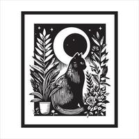 Print A collage of a cat a plant in an illustrated frame risograph silhouette white background vector