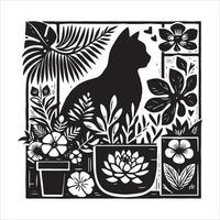 Print A collage of a cat a plant in an illustrated frame risograph silhouette white background vector