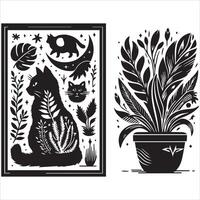 Print A collage of a cat a plant in an illustrated frame risograph silhouette white background vector