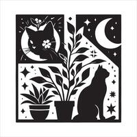 Print A collage of a cat a plant in an illustrated frame risograph silhouette white background vector