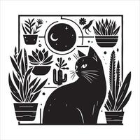 Print A collage of a cat a plant in an illustrated frame risograph silhouette white background vector
