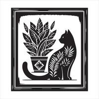 Print A collage of a cat a plant in an illustrated frame risograph silhouette white background vector