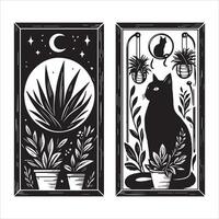 Print A collage of a cat a plant in an illustrated frame risograph silhouette white background vector