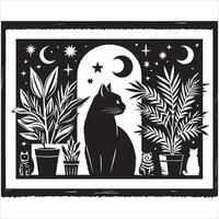 Print A collage of a cat a plant in an illustrated frame risograph silhouette white background vector