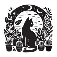 Print A collage of a cat a plant in an illustrated frame risograph silhouette white background vector