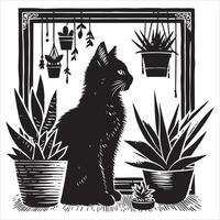 Print A collage of a cat a plant in an illustrated frame risograph silhouette white background vector
