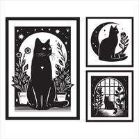 Print A collage of a cat a plant in an illustrated frame risograph silhouette white background vector