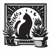 Print A collage of a cat a plant in an illustrated frame risograph silhouette white background vector