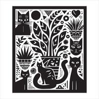 Print A collage of a cat a plant in an illustrated frame risograph silhouette white background vector