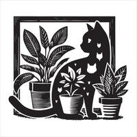 Print A collage of a cat a plant in an illustrated frame risograph silhouette white background vector