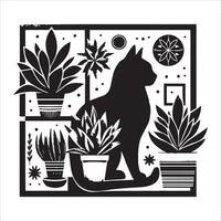 Print A collage of a cat a plant in an illustrated frame risograph silhouette white background vector