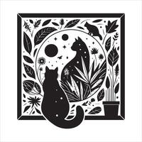 Print A collage of a cat a plant in an illustrated frame risograph silhouette white background vector