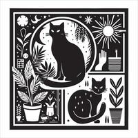 Print A collage of a cat a plant in an illustrated frame risograph silhouette white background vector