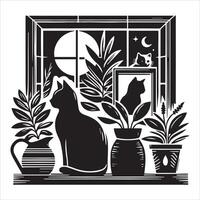 Print A collage of a cat a plant in an illustrated frame risograph silhouette white background vector