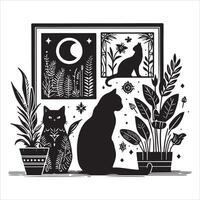 Print A collage of a cat a plant in an illustrated frame risograph silhouette white background vector