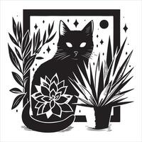 Print A collage of a cat a plant in an illustrated frame risograph silhouette white background vector