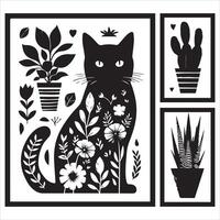 Print A collage of a cat a plant in an illustrated frame risograph silhouette white background vector