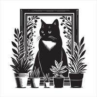 Print A collage of a cat a plant in an illustrated frame risograph silhouette white background vector