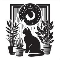 Print A collage of a cat a plant in an illustrated frame risograph silhouette white background vector