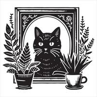 Print A collage of a cat a plant in an illustrated frame risograph silhouette white background vector
