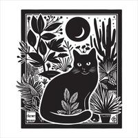 Print A collage of a cat a plant in an illustrated frame risograph silhouette white background vector