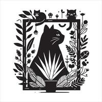 Print A collage of a cat a plant in an illustrated frame risograph silhouette white background vector