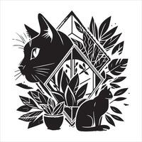 Print A collage of a cat a plant in an illustrated frame risograph silhouette white background vector