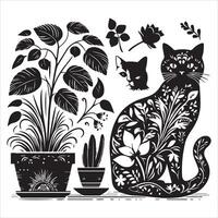 Print A collage of a cat a plant in an illustrated frame risograph silhouette white background vector