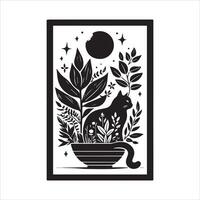 Print A collage of a cat a plant in an illustrated frame risograph silhouette white background vector